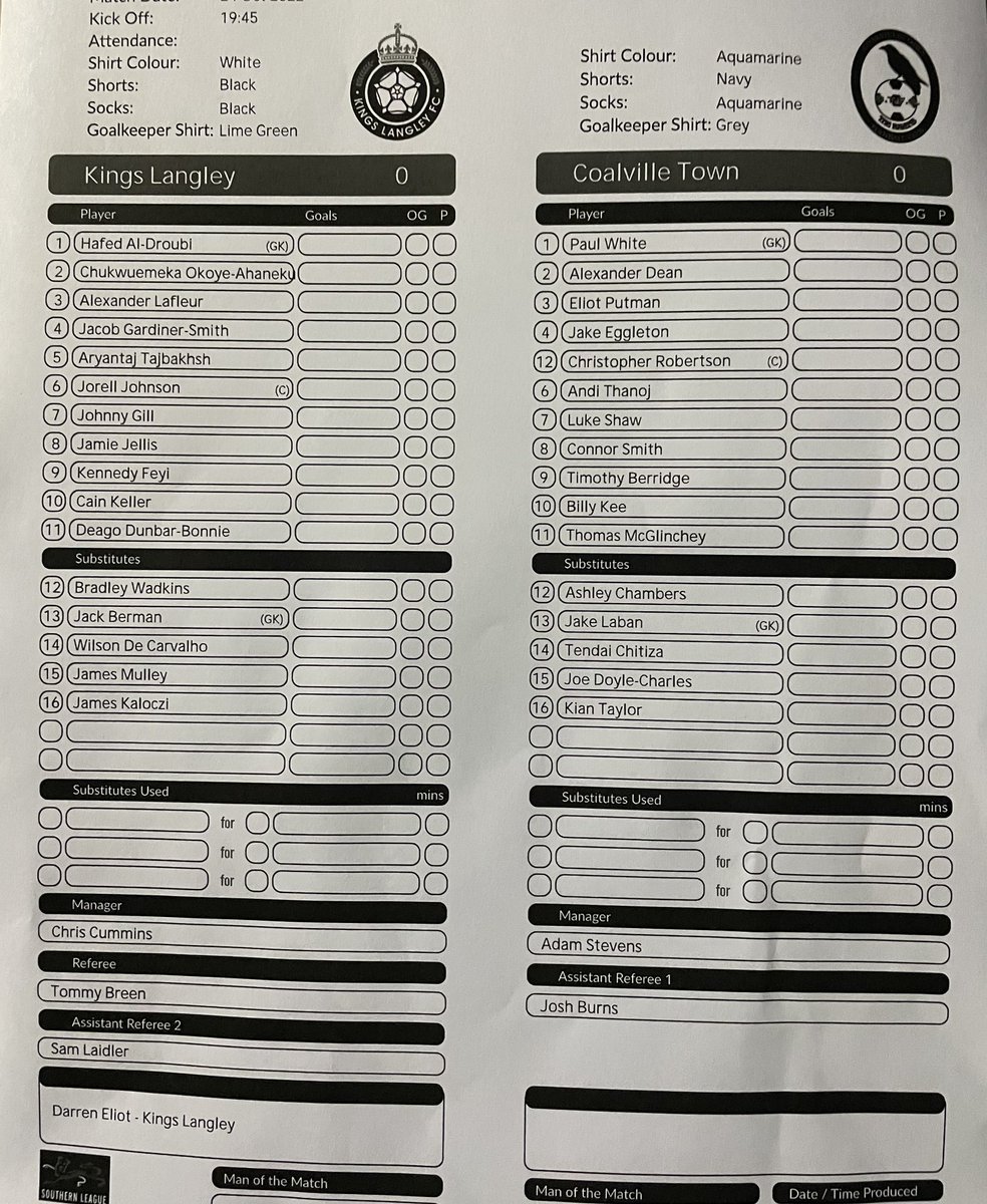 KLFCofficial's tweet photo. This evenings line ups for our @SouthernLeague1 Premier Central Vs @CoalvilleTownFC at the @orbitalfastener Stadium. https://t.co/0GLkU2Aq7y