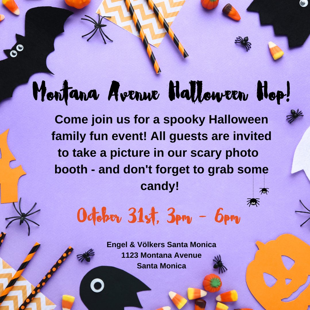 EVSantaMonica's tweet photo. We are only one week away from our favorite event on Montana Ave! You're invited to join us for the Spooktacular Halloween Hop on 10/31 from 3pm – 6 pm. 👻
No tricks, just treats! 🍭
Step into our office and grab your favorite candy and take a picture in our scary photo booth. 🎃 https://t.co/Hr3esmE57k