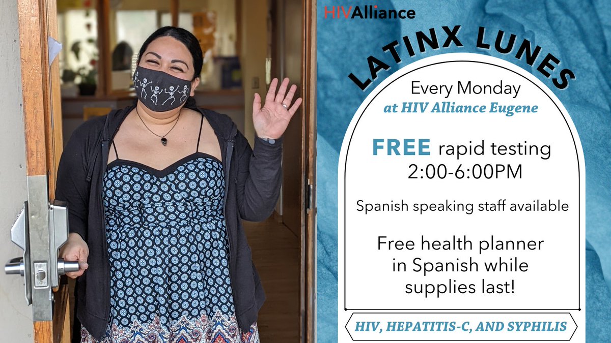 HIVAlliance's tweet photo. HIV Alliance in Eugene hosts Latinx Lunes from 2-6pm every Monday! Come in for HIV, Hepatitis-C, or Syphilis testing and take home a free health planner in Spanish supplied by @familiaspdx ✨ https://t.co/Au58pfYCm0