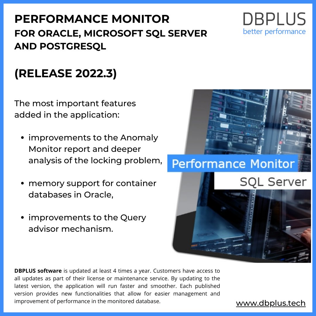 DBPLUS_BP's tweet image. We published a new version of Performance Monitor for Oracle, Microsoft SQL Server, PostgreSQL and SAP Hana databases.
dbplus.tech/.../performanc…
#dbplusbetterperformance #performancemonitor