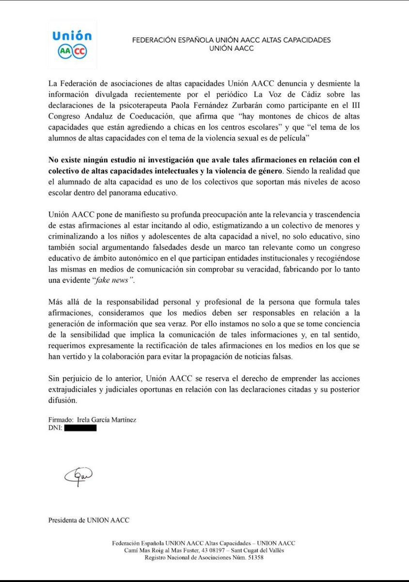 Nos unimos al comunicado presentado por la federación española @unionaacc denunciando las declaraciones realizadas en el III Congreso Andaluz de Coeducación 
@apadacasturias @asac_galicia <a href="/aacc_cantabria/">ACAACI - Altas Capacidades Cantabria</a> @atenea_aci @altascapacidadesleon @acmmarbella <a href="/ACtuar_AACC/">ACtuar! - Altas Capacidades</a>