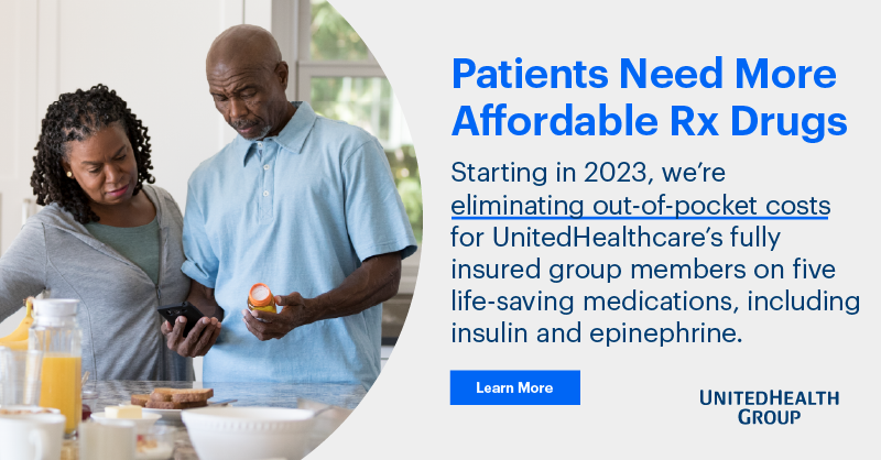 UnitedHealthGrp's tweet photo. UnitedHealthcare fully insured group members will pay $0 out of pocket for five life-saving medications, such as insulin and epinephrine, beginning in 2023. See how we’re using our clinical and negotiating capabilities to make prescription drugs more affordable for patients.