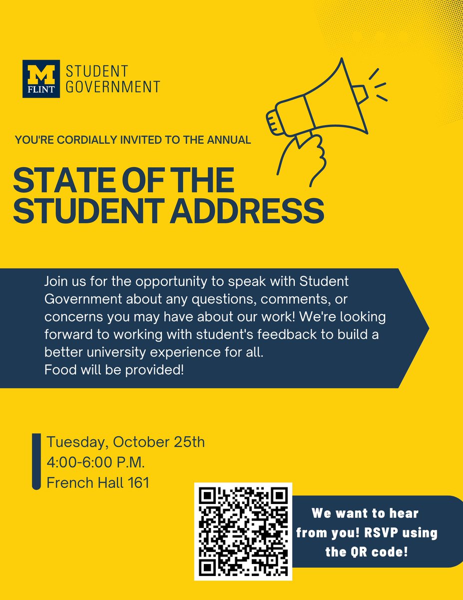 SGumflint's tweet photo. State of the Student is TODAY in French Hall room 161 at 4 P.M! We'd love to see students come and voice their questions, comments, or concerns! See you there!

#umich #umflint #sgumflint #goblue https://t.co/ojJ1G7eMlQ