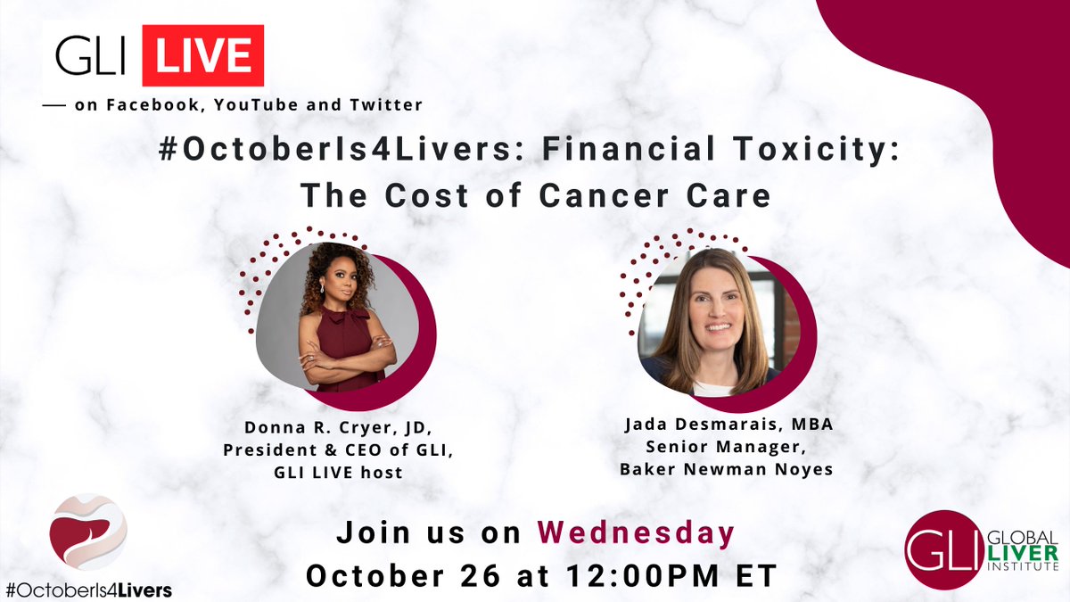 GlobalLiver's tweet photo. Join us on Wednesday at 12:00pm ET for another episode of #GLILIVE.
Donna Cryer, is joined by guest Jada Desmarais, MBA, Senior Manager, Baker Newman Noyes to discuss #cancer related #financial toxicity and the true cost of #cancercare. https://t.co/HV0ZrsM1su