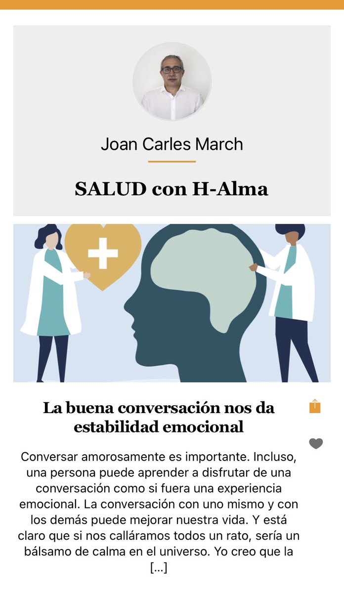 joancmarch's tweet photo. La buena CONVERSACIÓN nos da ESTABILIDAD EMOCIONAL

Mi artículo @granadadigital: https://t.co/MBeBKP5Tif

Conversar es importante. Una persona puede aprender a disfrutar de 1 conversación como si fuera una experiencia emocional. Creo q la #conversación nos vuelve mejores personas https://t.co/Iweke38gtd