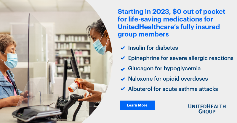 UnitedHealthGrp's tweet photo. Beginning in 2023, we’re using our clinical and negotiating capabilities to eliminate out-of-pocket costs on five life-saving medications, including insulin, for UnitedHealthcare fully insured group members. Learn more about how we’re making prescription drugs more affordable.