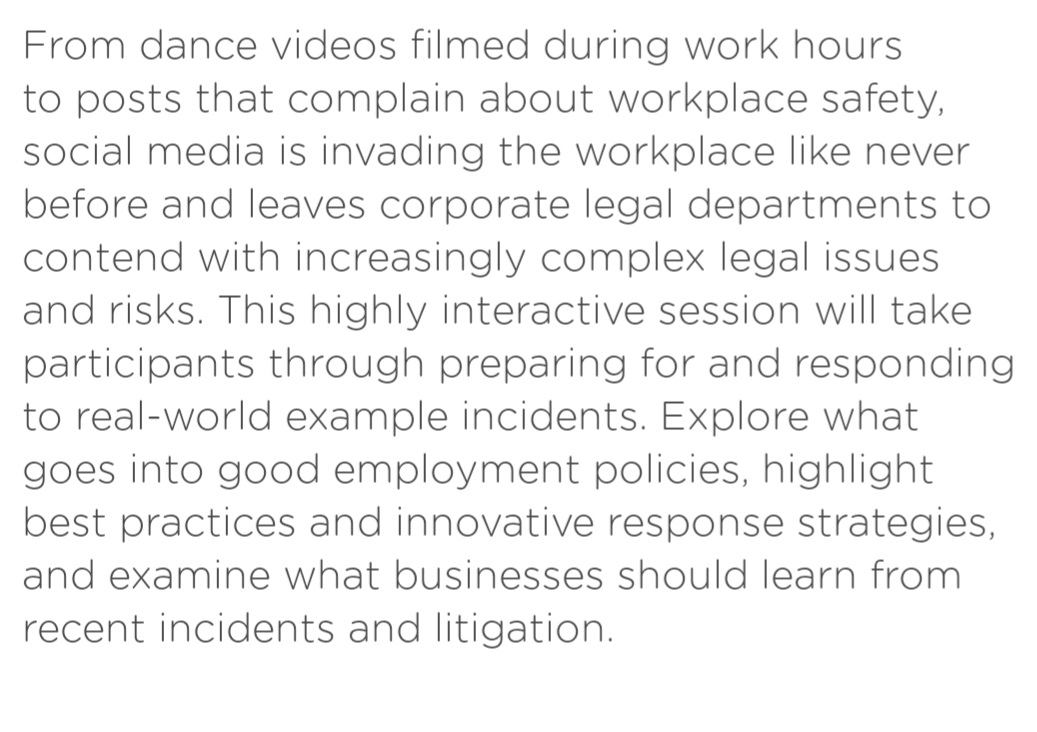 KristynHyland's tweet image. Don't miss @bloomberglaw's panel today at the @ACCinhouse Annual Meeting to learn how to best navigate the realities of social media usage among your workforce! We've got a terrific line-up of speakers, including my amazing colleagues, @Dori_Goldstein &amp;amp; @DillardR_DC. #ACCAM22