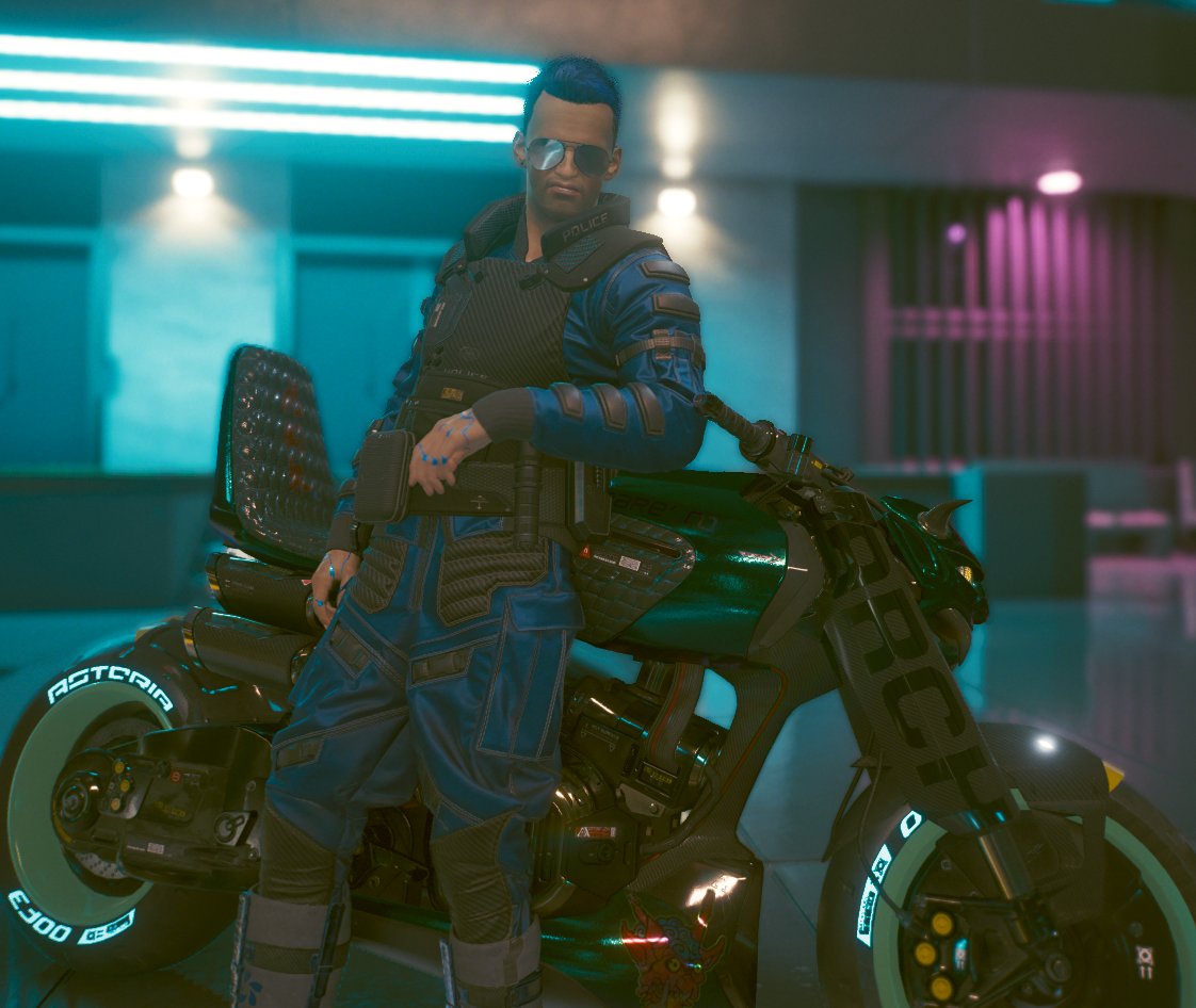 Blizzardforce's tweet photo. Short break between duties :3
I love the police outfit :D
#Cyberpunk2077 #MaleV #PoliceV #NightCity #PhotoMode #VirtualPhotography #Cyberpunk2077PhotoMode https://t.co/uZ58R2fSri