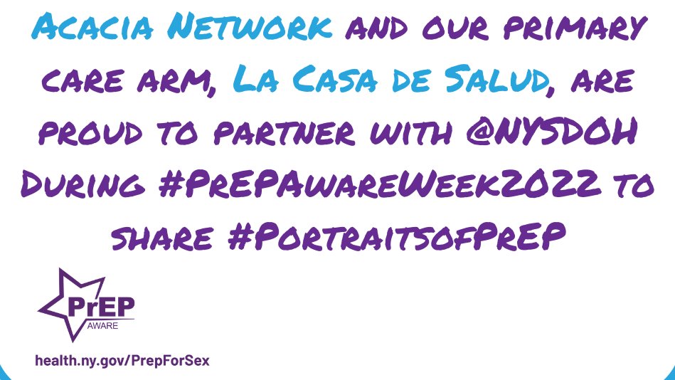 AcaciaNetwork's tweet photo. 70K+ New Yorkers have decided to take PrEP, a medication that prevents HIV &amp; promotes sexual health + safer drug use. ✅This year during #PrEPAwareWeek Acacia Network &amp; La Casa de Salud are proud to partner with @HealthNYGov to share #PortraitsofPrEP✌️#PAW2022 #PrEPforsex https://t.co/NgN9Sn034G
