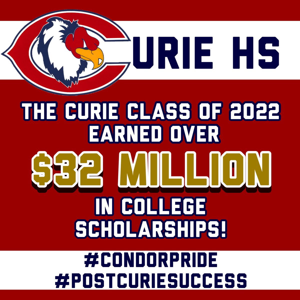 CurieHS's tweet photo. The Condor achievements keep on coming! This morning Curie HS was among CPS high schools acknowledged for record-setting college scholarships for the class of 2022!

#CondorPride #NeighborhoodSchool #PostCurieSuccess #SupportingSchool https://t.co/aRKQtgYTPR
