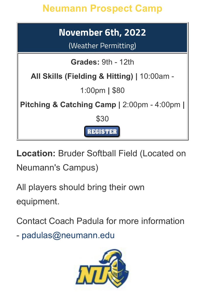 NeumannSB's tweet photo. Want to know what it takes to be a Knight??? Come out Sunday November 6th and work with Coach Padula, our staff and our 2023 softball team!! Campus tours will be available as well!! Link to sign up is in the bio!! Contact Coach with any questions!!! #signup #futureknights #NUSB https://t.co/NAjtRz16uD