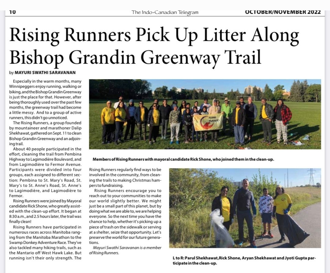 RickShone's tweet photo. A nice little flash back today in the Indo-Canadian Telegram. This was a fun day cleaning up The Greenway @BishopGrandin with the Rising Runners Group last month. This grp not only runs but does ALOT for the community! #wpg22 #wpgpoli https://t.co/ys8n1wRZ4j