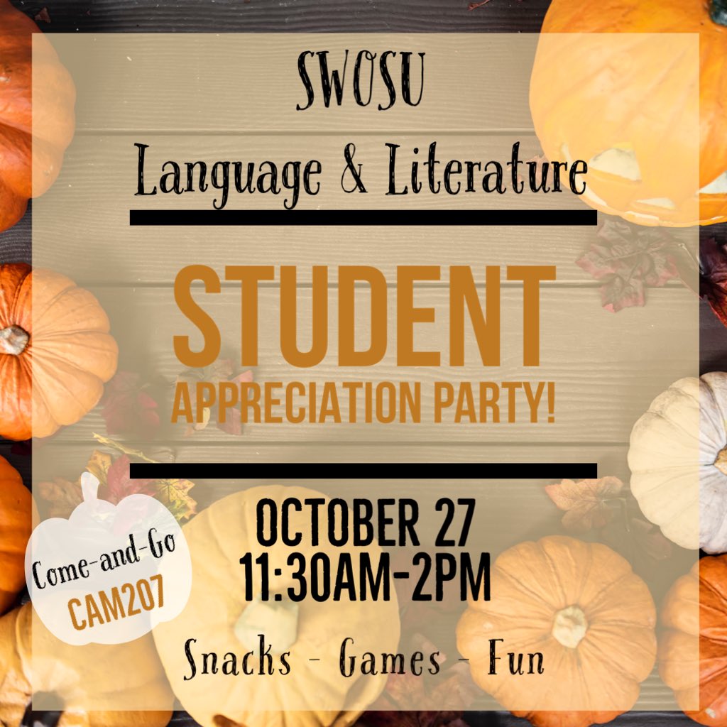 SWOSU_Lang_Lit's tweet photo. Please join us on Thursday for snacks, games, and fun! #swosu #swosulanglit https://t.co/GFRtQbTFie