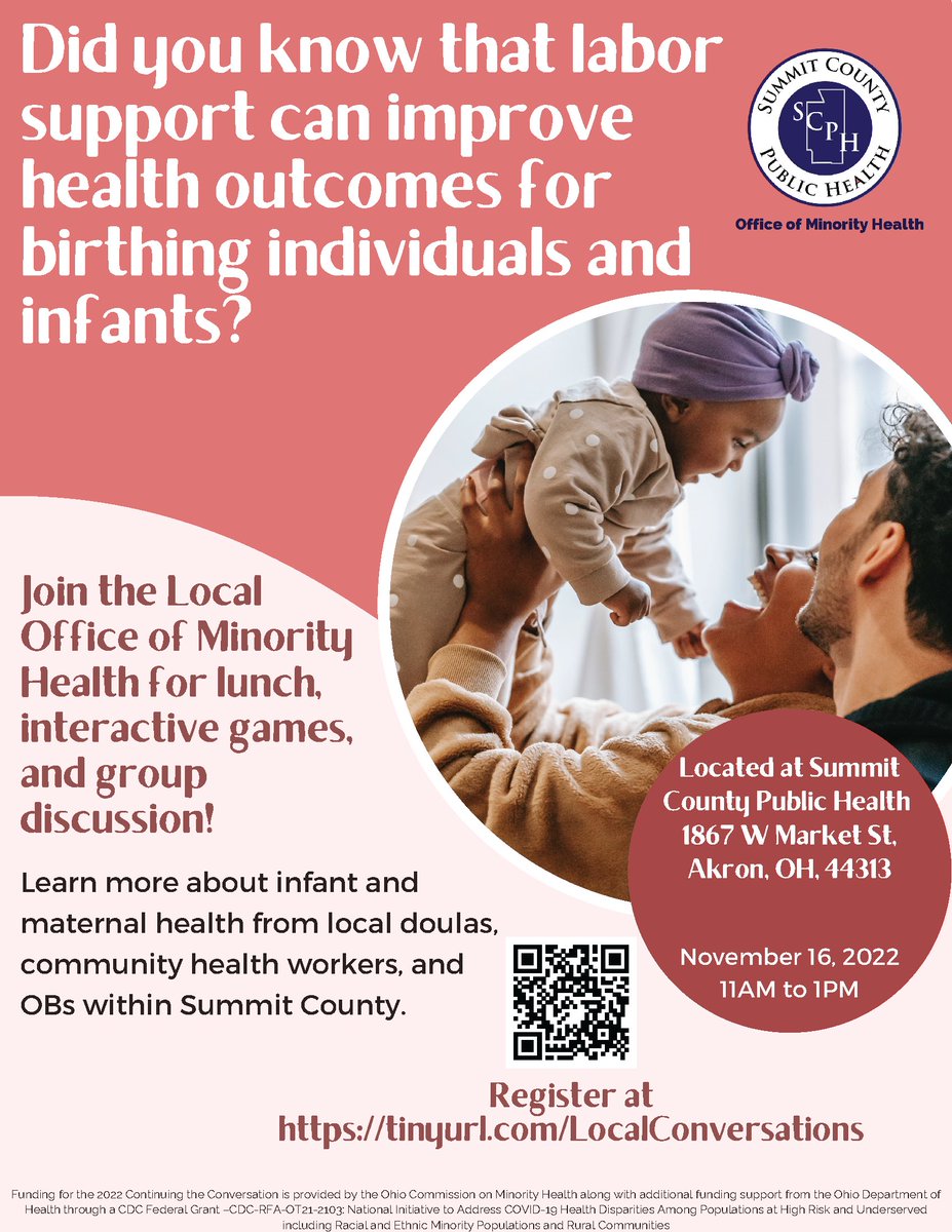 Join us for lunch, interactive games, and group discussion to learn more about infant and maternal health from our local doulas, community health workers, and OBs.  
Register at: tinyurl.com/LocalConversat…