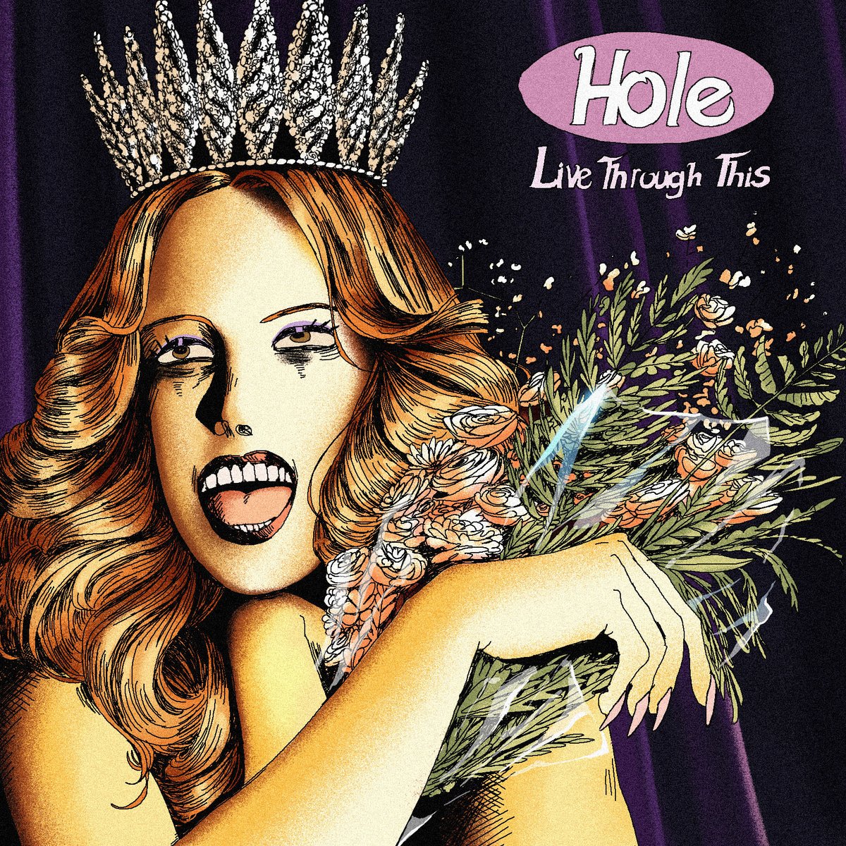 scaahart's tweet photo. Hole is my go-to band when I want to feel like a moody angsty teen again and I've been wanting to redraw this album cover for a while now👑💜💐
🎸Fave track: Jennifer's Body🎸
#courtneylove #holelivethroughthis #art #albumcover #illustrationart https://t.co/i55utQjzAp