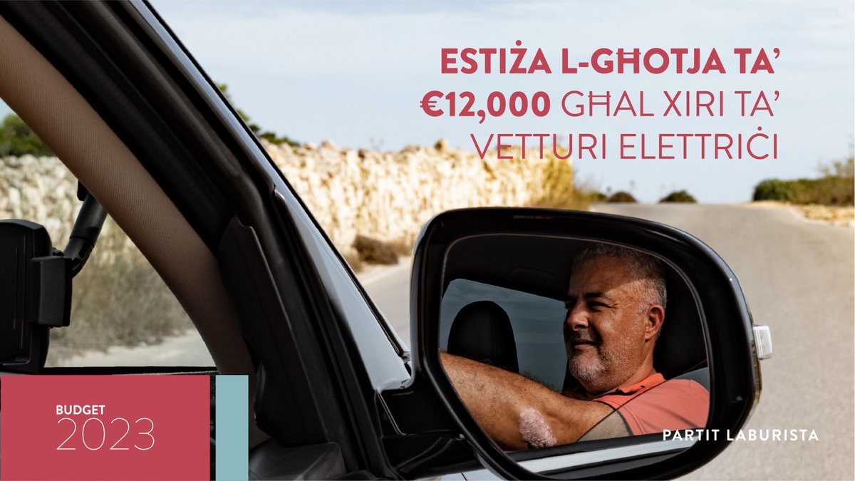 EXTENDED €12,000 grant for #electric #vehicles.⚡⚡
#Budget2023 | <a href="/RobertAbela_MT/">Robert Abela</a>