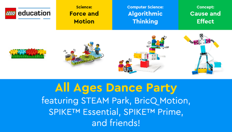 To celebrate National #STEAM Day, November 8, we put together an All-Ages Dance Party, pairing #LEGO Learning Solutions with K-8 STEAM content to support your students’ understanding of Force and Motion, Algorithmic Thinking, and Cause and Effect. Sign up! bit.ly/LEcspTW