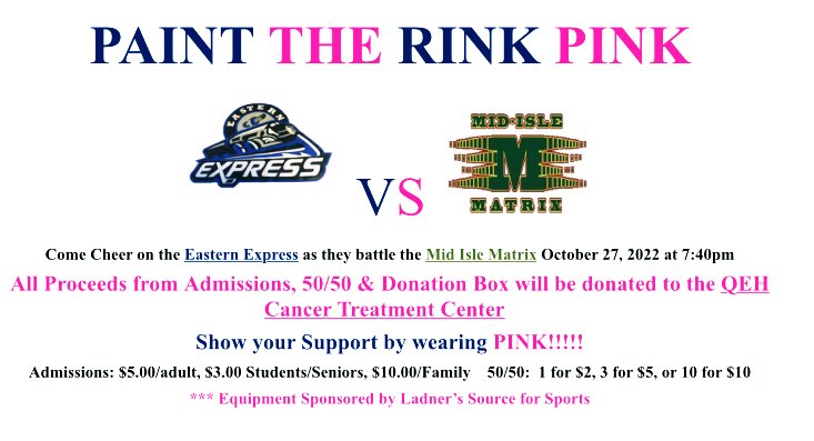 U16DukesHockey's tweet photo. Paint the Rink Pink is happening this Thursday night as we take on the Mid Isle Matrix!

Puck Drop is set for 7:40pm 
Be sure to get to the rink early and wear Pink! 👚

@HockeyPEI  @peiu15major @U15Mid https://t.co/HuLpVn786o