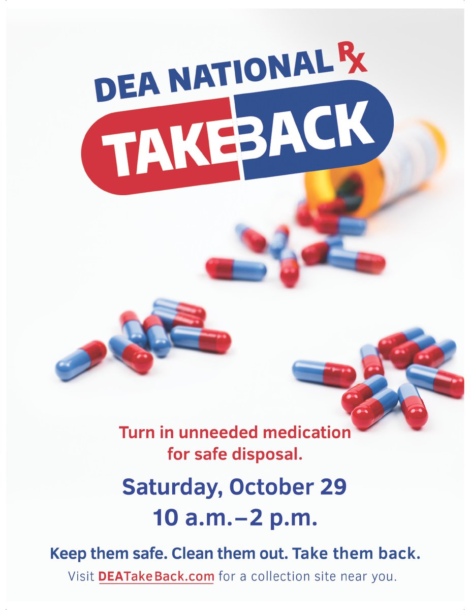 This Sat. 10/29, from 10am-2pm is the next <a href="/DEAHQ/">DEA HQ</a> drug #takebackday. Clean out your medicine cabinets and wherever else you have stored your unwanted, unused, and expired medications. Bring them to the HPD collection point @ the station. Help prevent addiction to these narcotics.