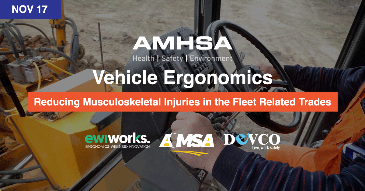 Attention heavy equipment operators &amp; supervisors, AMHSA is hosting a FREE webinar on Nov 17, in partnership with AMSA. Learn how to identify the signs and reduce the risk of developing musculoskeletal injuries. Sign up amhsa.zoom.us/webinar/regist…