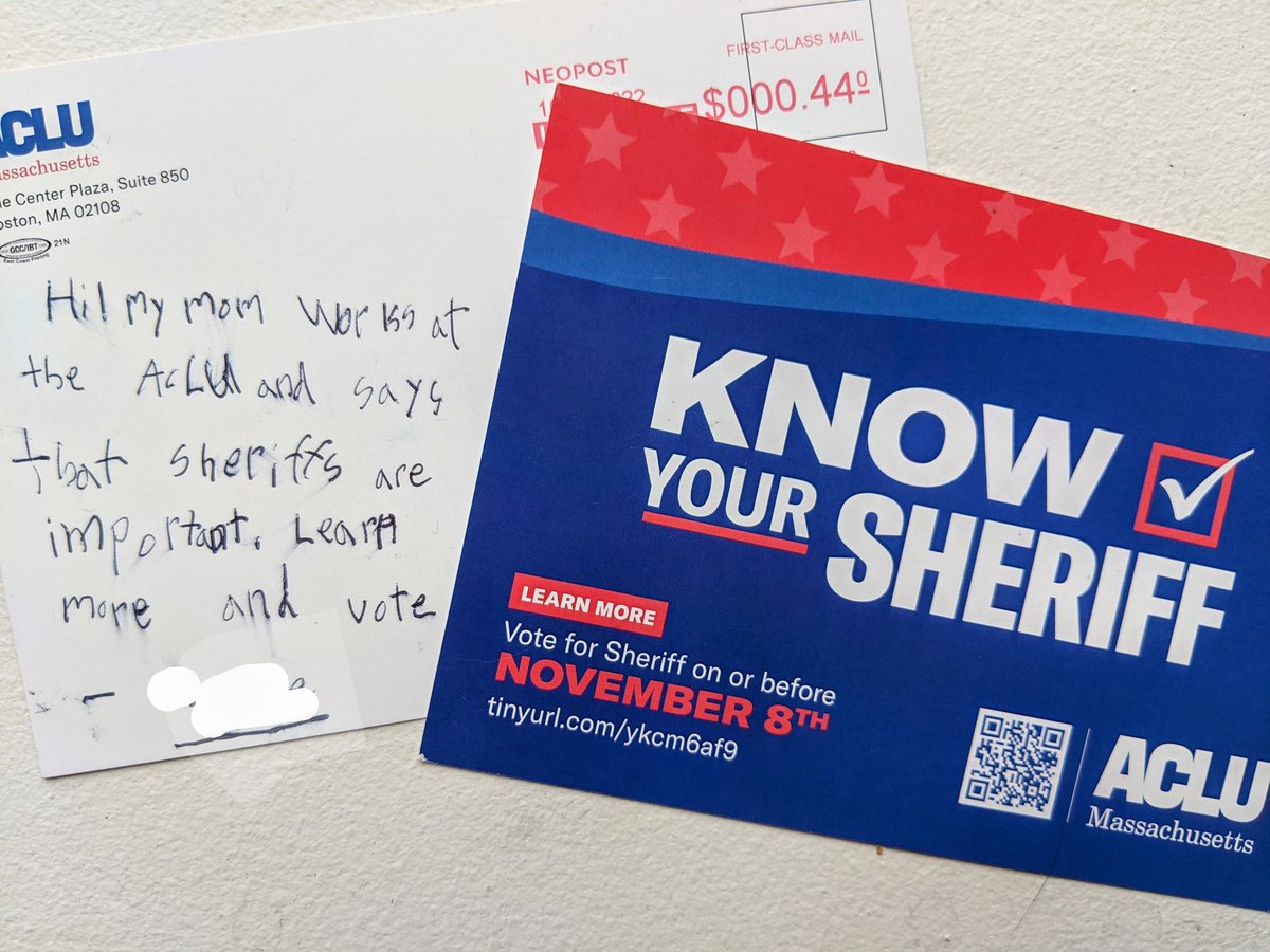 If you get one of these in the mail it's from my kid! <a href="/ACLU_Mass/">ACLU Massachusetts</a> #KnowYourSheriff