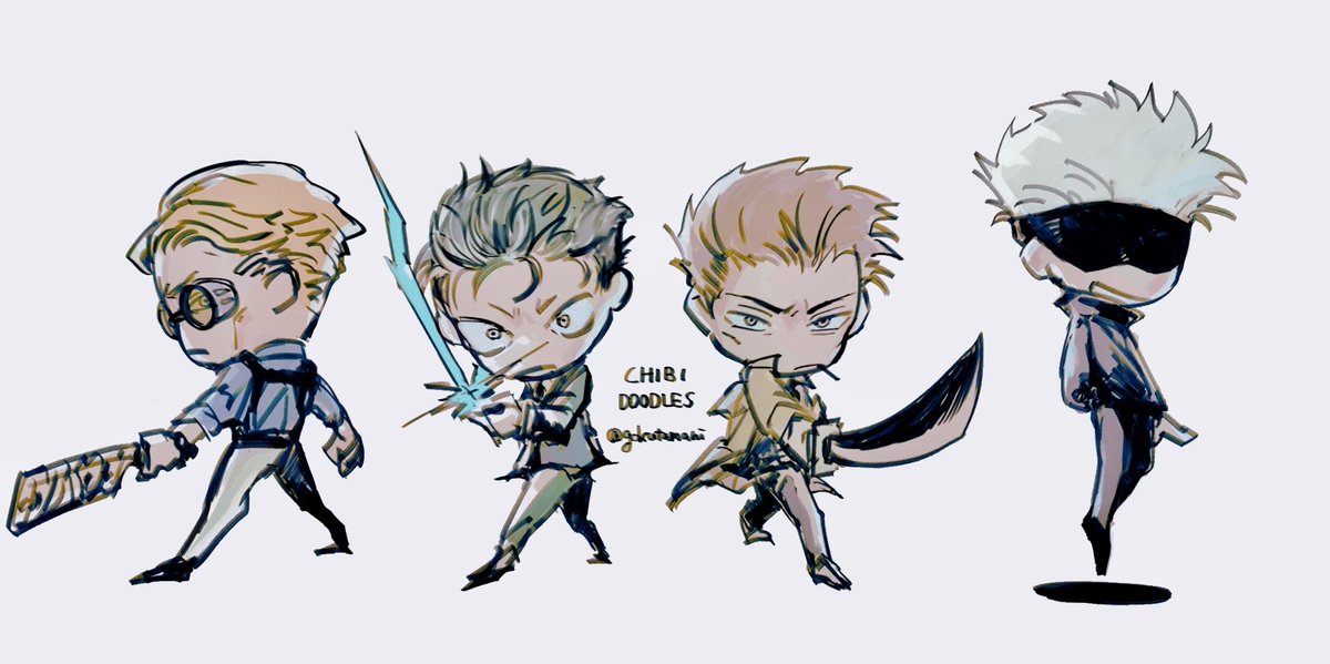 gojou satoru ,nanami kento weapon sword chibi multiple boys holding blonde hair holding weapon  illustration images