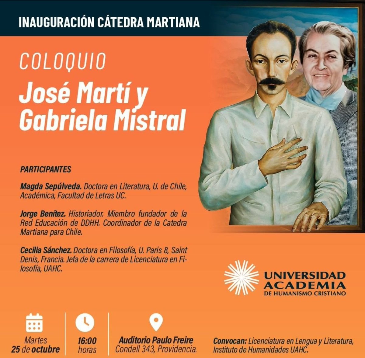DetlaUAHC's tweet photo. Martes 25/10 16:00 hrs.
Coloquio Jose Martí y Gabriela Mistral.
Con la participación de la profesora #Detla Dra. Cecilia Sánchez, Dra. Magda Sepúlveda y José Benítez
  Condel 343 Santiago. https://t.co/NJPSXs1fqL