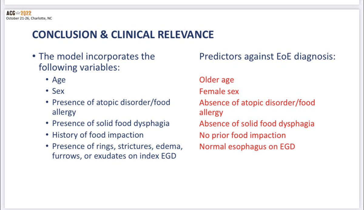 Remember this name in #Esophagus @AmritKambojMD is transforming the standard of care for #EoE dx Predictors against #EoE - ⬆️ age - 👩 - absence of atopy - no solid 🥖 dysphasia/impaction - normal 🔦 @MayoClinicGIHep #ACG2022 @PrasadIyerMD @CadmanLeggett @DianaLSnyderMD