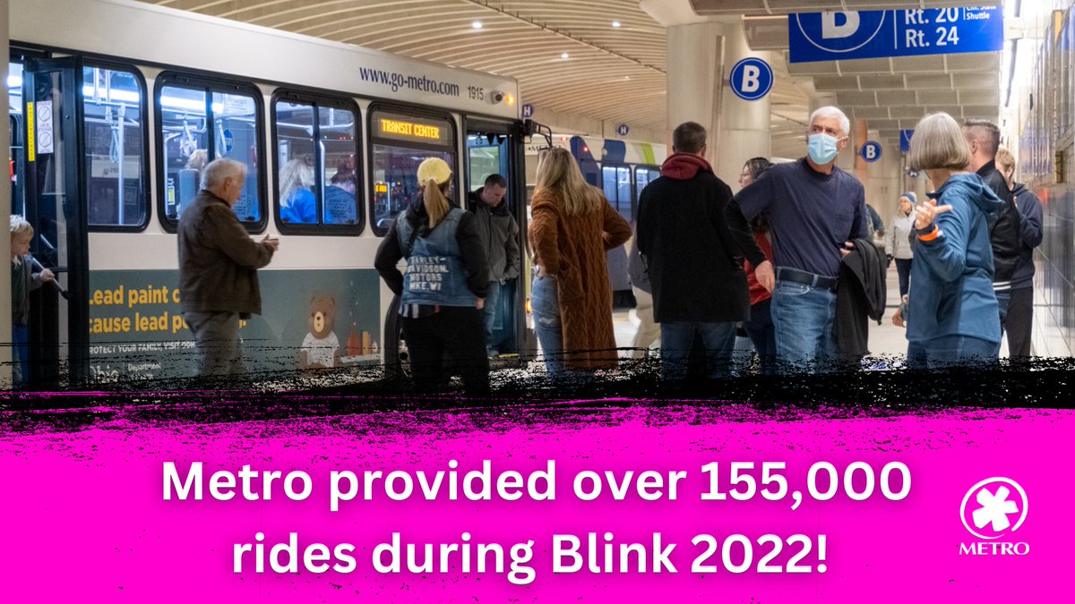 Metro provided over 155,000 rides during the four-day Blink weekend! 

"Riding the bus isn’t just for getting to work and school: We can be your ticket to this region’s vibrant arts and entertainment scenes, as well.” 

Read the official release here: bit.ly/3VYF3H2