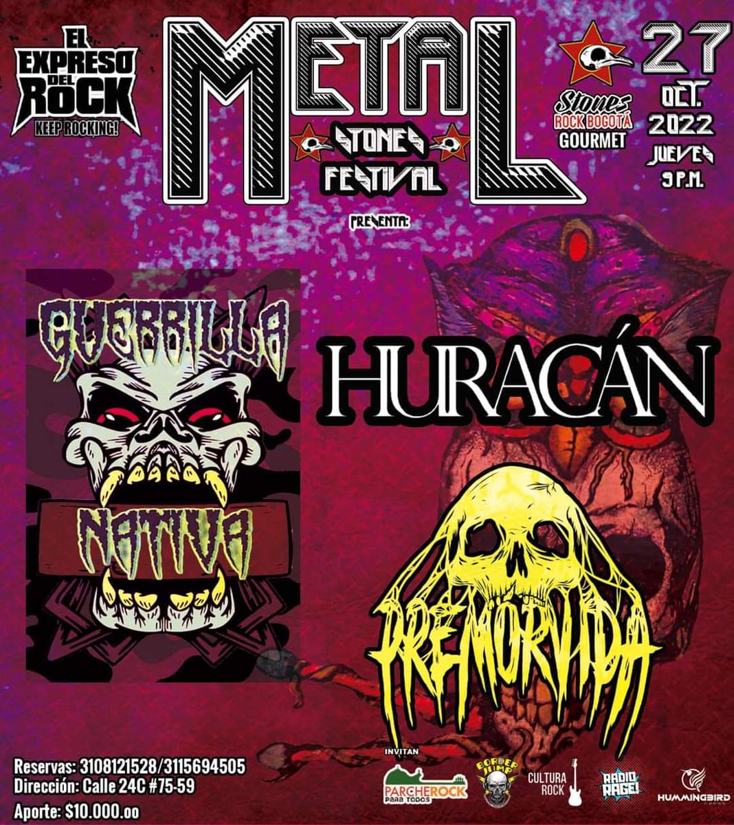⚔️Continuamos con dos fechas muy especiales, la primera será en METAL STONES FESTIVAL este Jueves 27 de Octubre en la calle 24c # 75 - 59, Estaremos junto a Guerrilla Nativa y Huracán, la noche tendrá un costo de tan solo $10.000 la entrada.

CHEERS!! 🥂