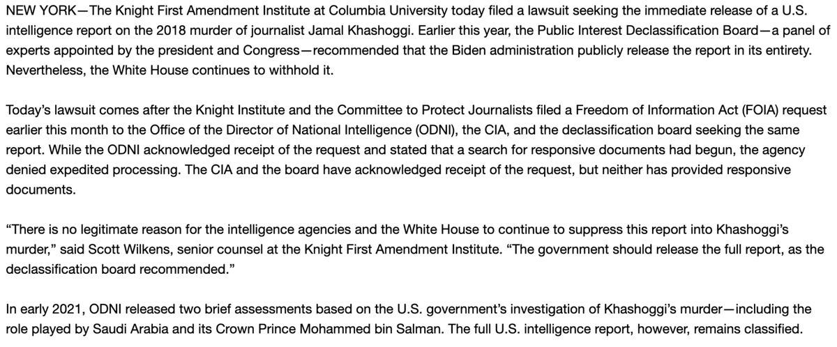 New: @knightcolumbia sues CIA, ODNI and Public Interest Declassification Board (PIDB) seeking immediate release of a full U.S. intelligence report on the murder of Jamal Khashoggi following @WSJ story on PIDB recommending its release to Biden (fixes typo) wsj.com/articles/biden…