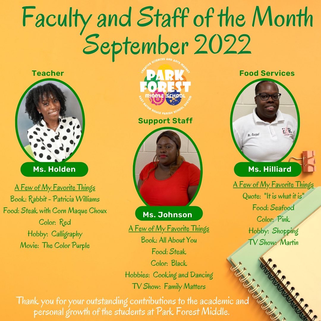 PFM_Magnet's tweet photo. Congratulations to the September 2022 Faculty and Staff Members of the Month. 
#STEAMatPFM
#ebrmagnet
#180daysofexcellence https://t.co/HUaEzLdS12