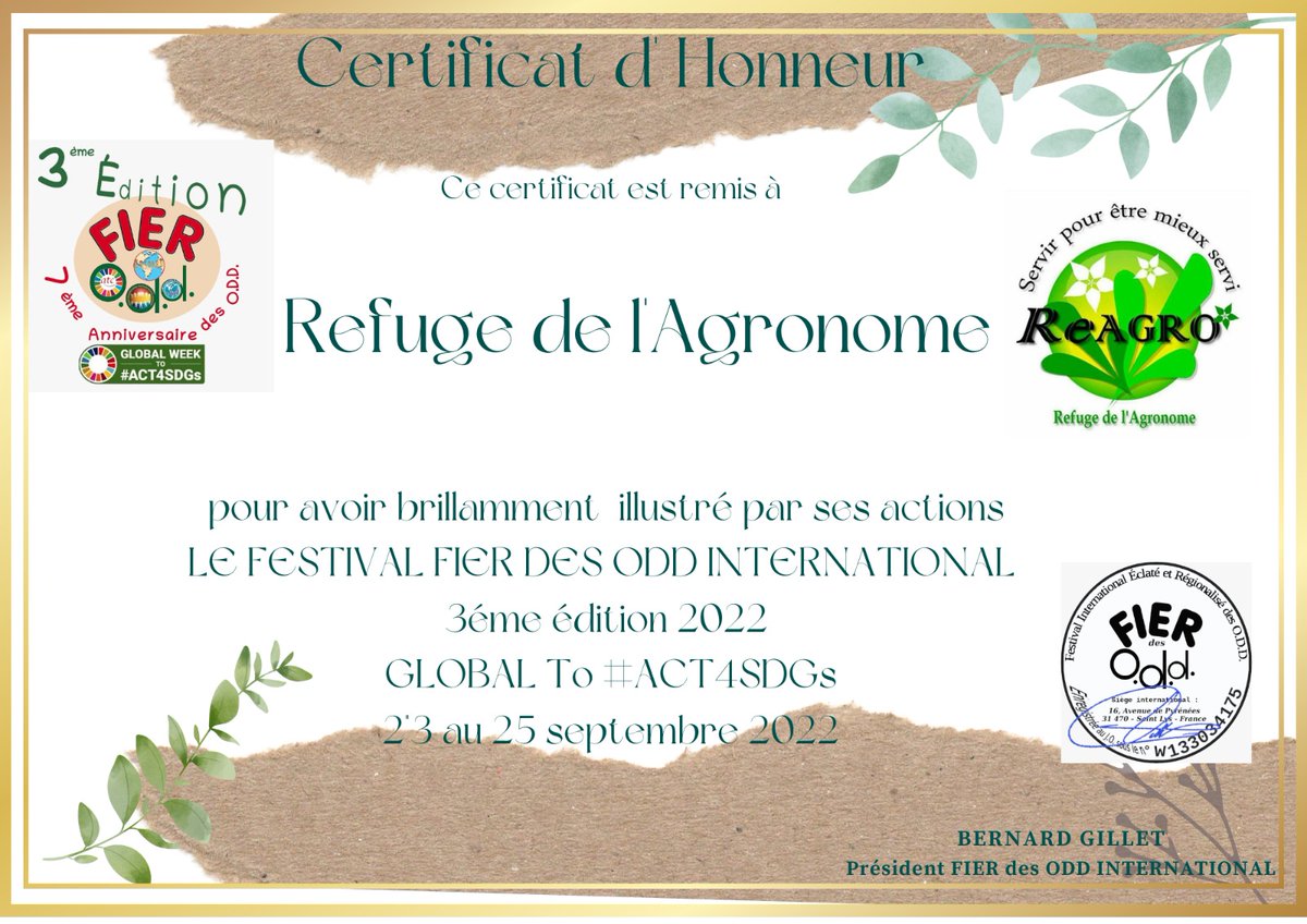 nabenngo's tweet photo. Pour avoir participé à la 3ème édition du FESTIVAL #FIER_DES_ODD International #Act4SDGs, l'ONG #ReAgro a reçu son certificat d'honneur
Ceci témoigne de notre engagement à l'atteinte des #ODD...
@Citoyens2Anneau @oddtvlive @COP27P @IYCM https://t.co/jYAXYDHWrI