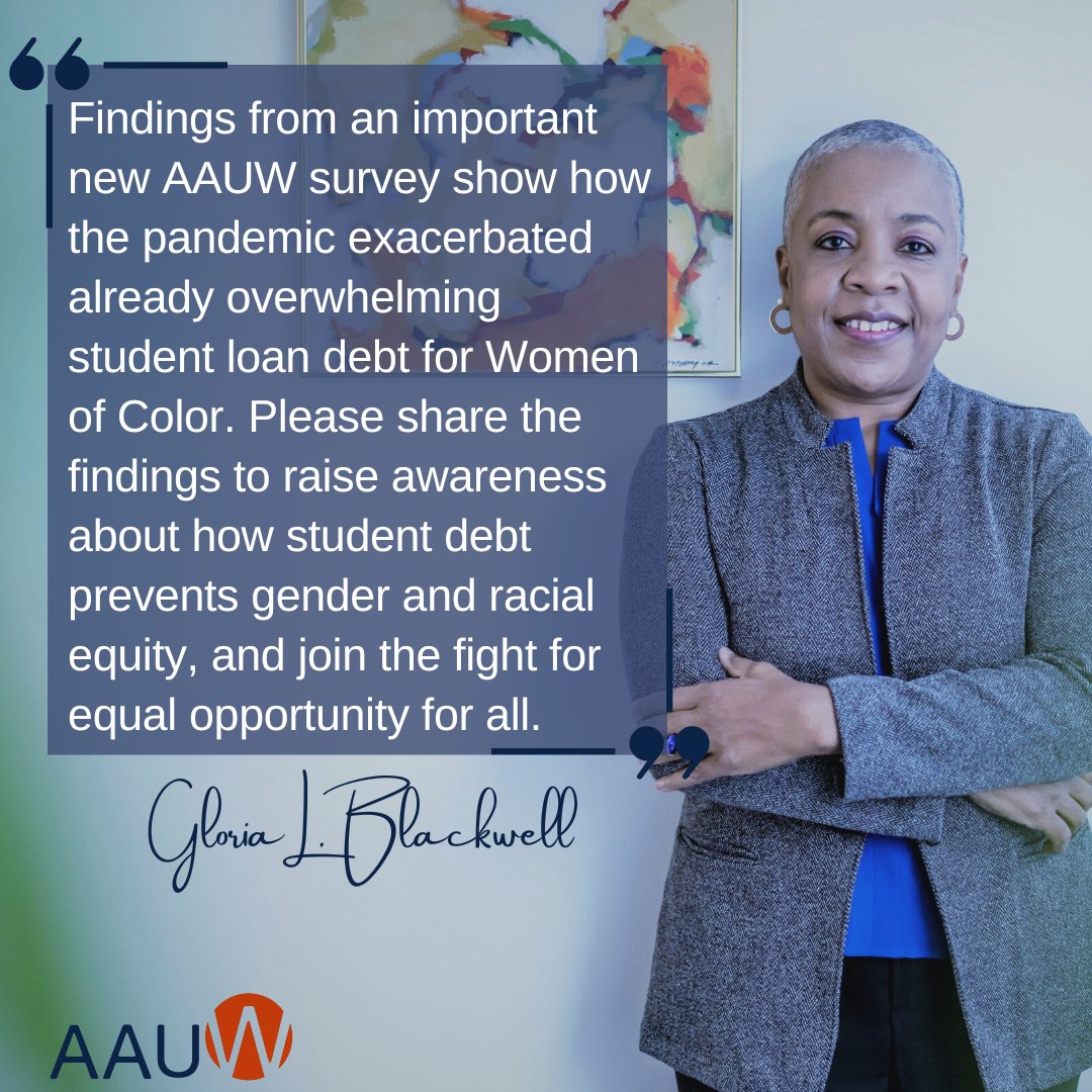 In coming days we're highlighting findings from an important new survey about how #StudentDebt affects women – especially women of color (#AAUWsurvey). Please share the posts on social to raise awareness and join the fight for #EqualOpportunity for all! bit.ly/3PQTlFc