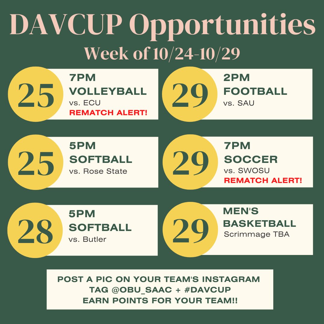 OBU_SAAC's tweet photo. ๐จ๐จREMATCH ALERT!! @OBU_WSoccer and @OBU_Volleyball both have BIG home rematches this week and our winter/spring sports are joining in on the action! Lots of opportunities to support Bison Athletics and earn #DAVCUP points! https://t.co/Bm6OrIzW8R