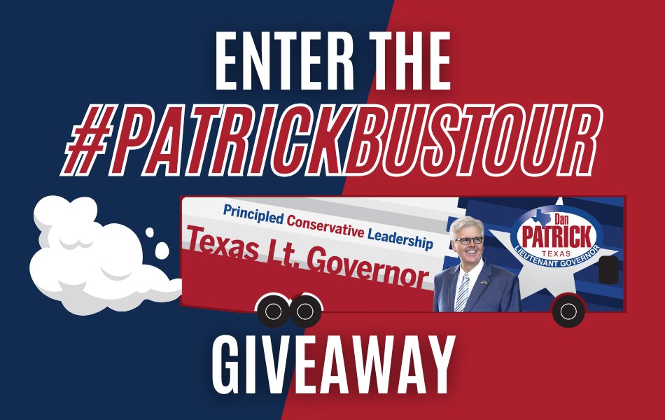 DanPatrick's tweet photo. Another week out on the road! Don’t forget, if you see me in your town, take a picture of my campaign bus using the hashtag #PatrickBusTour on social media (Facebook, Twitter, Instagram) and tag @DanPatrick to be entered to win a campaign gift bag! https://t.co/NrImceK32y