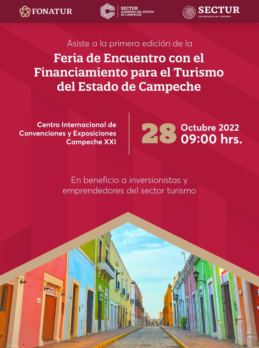 Se llevará a cabo la Feria de Encuentro con el Financiamiento para el Turismo, para fortalecer a nuestro sector y hacer crecer a inversionistas y emprendedores. Les esperamos este 28 de octubre a las 9:00 hrs en el Centro Internacional de Convenciones y Exposiciones Campeche XXI.