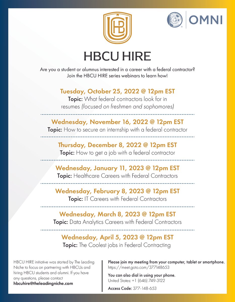 teamomnitech's tweet photo. #TeamOMNI will be participating in the upcoming HBCU Hire panels on 10/25,  12/8, &amp; 3/8 discussing topics related to federal contracting. If you are a student or HBCU alumnus interested in a career with a federal contractor come join one of our panel discussions!

#HBCU #HBCUHire https://t.co/l2XpS5gmbv