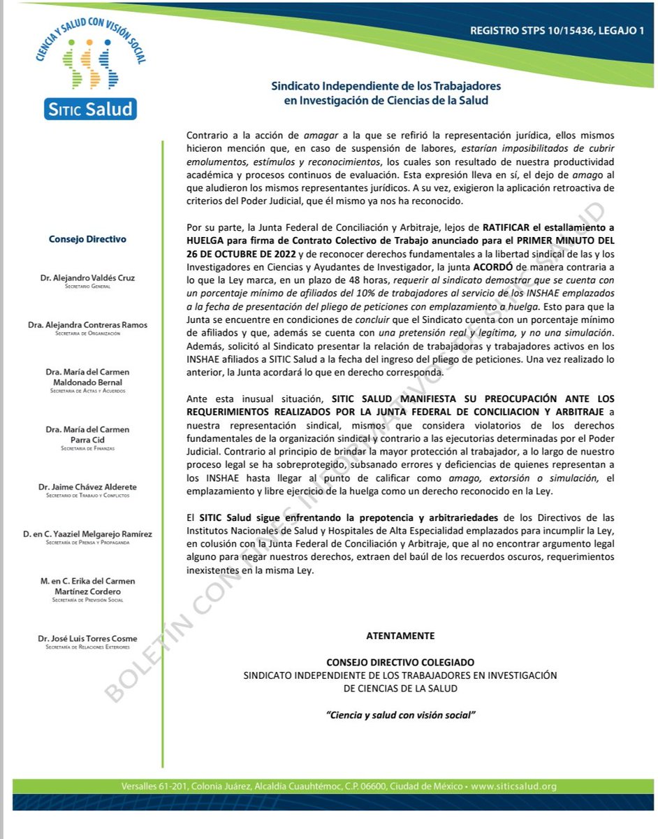 Ante un inminente estallamiento a #HUELGA en las áreas de #InvestigaciónEnSalud en los Institutos Nacionales de <a href="/SSalud_mx/">SALUD México</a> y la inactividad de la <a href="/STPS_mx/">STPS México</a> <a href="/LuisaAlcalde/">Luisa Alcalde</a> para la resolución del conflicto. <a href="/GobiernoMX/">Gobierno de México</a> 

En <a href="/SaludSitic/">SITIC Salud</a> manifestamos nuestra PREOCUPACIÓN: