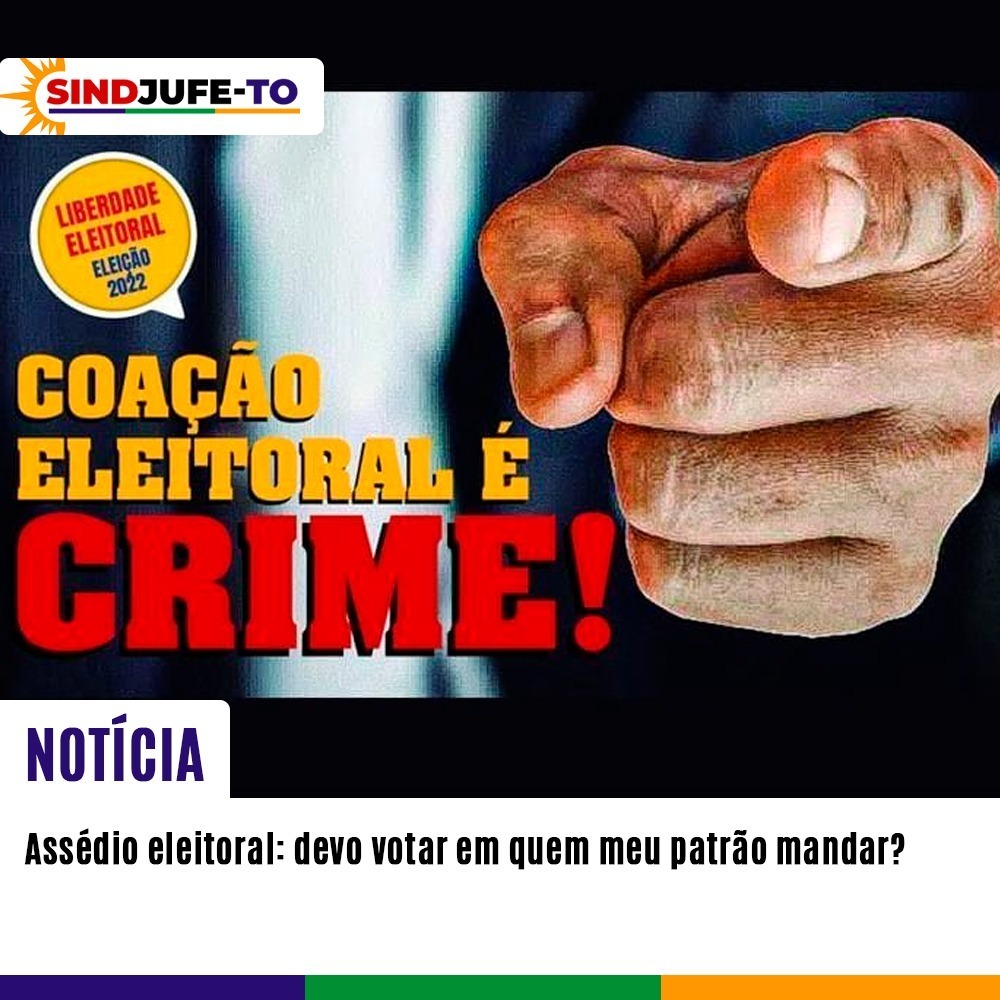 Sindjufe_TO's tweet photo. Essa prática é enquadrada como crime e caso seja percebida no local de trabalho, deve ser combatida e denunciada

Leia em: https://t.co/DsTFdEcp3U

#assedioeleitoral #eleicoes #voto #patrao #crimeeleitoral #denuncie #trabalhadores #sindjufeto https://t.co/HnadhIkcDS