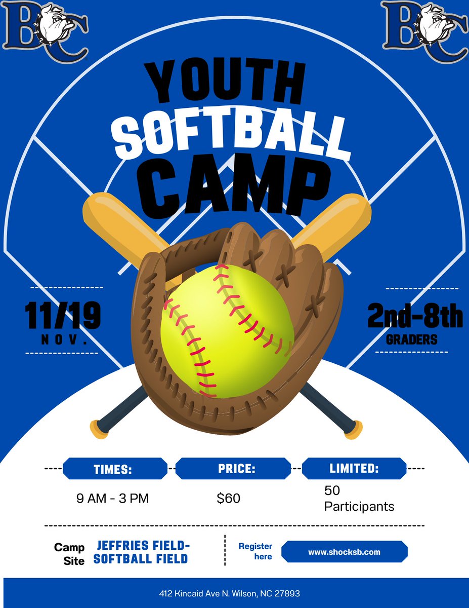 Barton College Softball is hosting its first-ever YOUTH softball camp! This is open to 2nd through 8th graders, but we are only limited to 50 spots! You can find out more information on the link attached below.

GO BULLDOGS! 🐾🥎

🔗 register.ryzer.com/camp.cfm?sport…