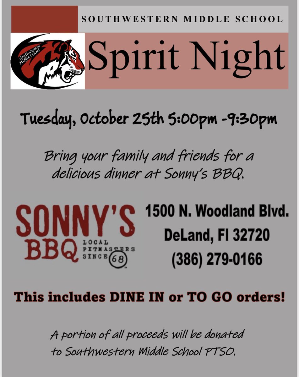 TigerSTEM386's tweet photo. Dinner tomorrow night for sure! 🍴 Mention @Smsvcs1 when ordering 🤗 #SMSroars .@volusiaschools #VolusiaCountySchools #SupportEdu @SonnysBBQ #SpiritNight https://t.co/lydNw0FDnX