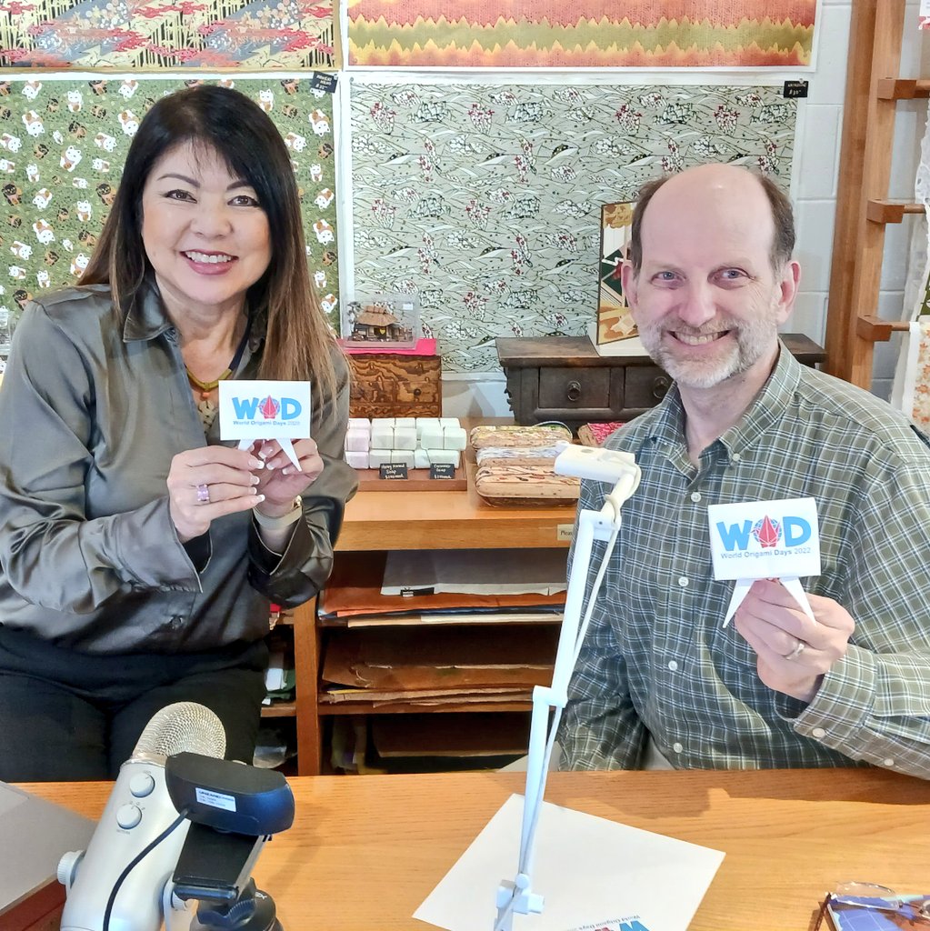 papertreesf's tweet photo. Linda Mihara &amp; Charles Knuffke are ready to kick off day 1 of World Origami Days 2022!! Will we see you online?? #WorldOrigamiDays2022 #WorldOrigamiDays #OrigamiUSA #LindaMihara #CharlesKnuffke #WOD2022 #Origami #origamiclass https://t.co/zMFrTKkdtc
