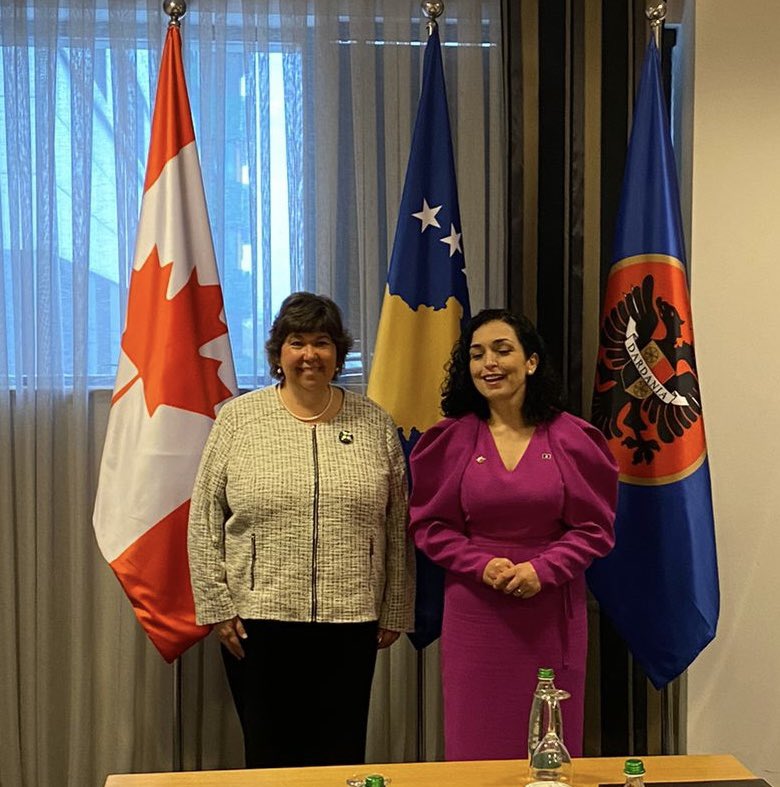 anitavandenbeld's tweet photo. Thankyou to President of Kosovo @VjosaOsmaniPRKS for inviting me to speak at #WPSRK2022 and for your leadership on #WomenPeaceSecurity around the world. It was a pleasure to meet you again to discuss our shared values & the strong relationship between Canada and #Kosovo. #SC1325 https://t.co/xhNHEubCzv