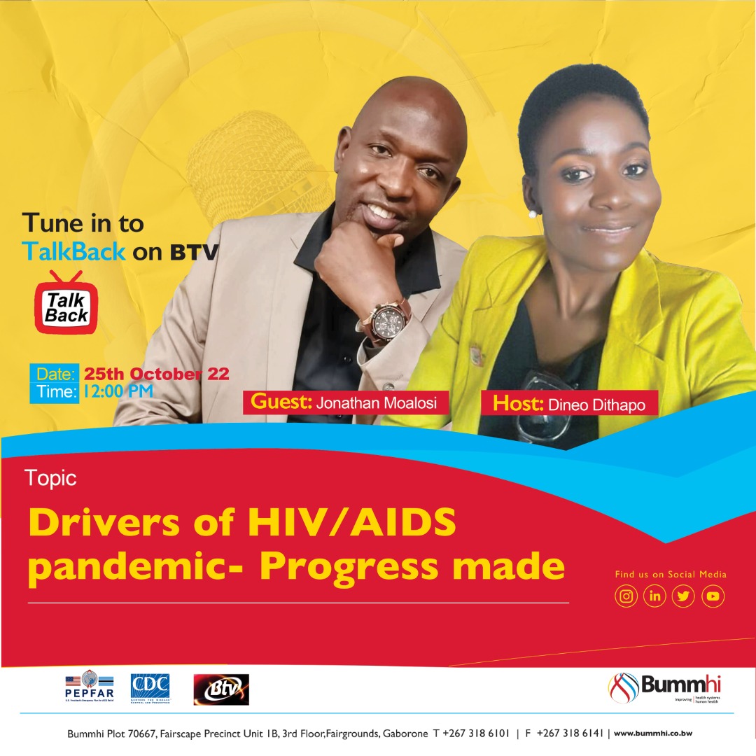 Tune in to 𝐓𝐚𝐥𝐤 𝐁𝐚𝐜𝐤 on Btv at 𝟏𝟐𝐩𝐦 𝐭𝐨𝐝𝐚𝐲.
Join 𝑱𝒐𝒏𝒂𝒕𝒉𝒂𝒏 𝑴𝒐𝒂𝒍𝒐𝒔𝒊 as he will be discussing: 𝐃𝐫𝐢𝐯𝐞𝐫𝐬 𝐨𝐟 𝐇𝐈𝐕/𝐀𝐈𝐃𝐒 - 𝐏𝐫𝐨𝐠𝐫𝐞𝐬𝐬 𝐌𝐚𝐝𝐞

#talkback #btv #bummhi #moh