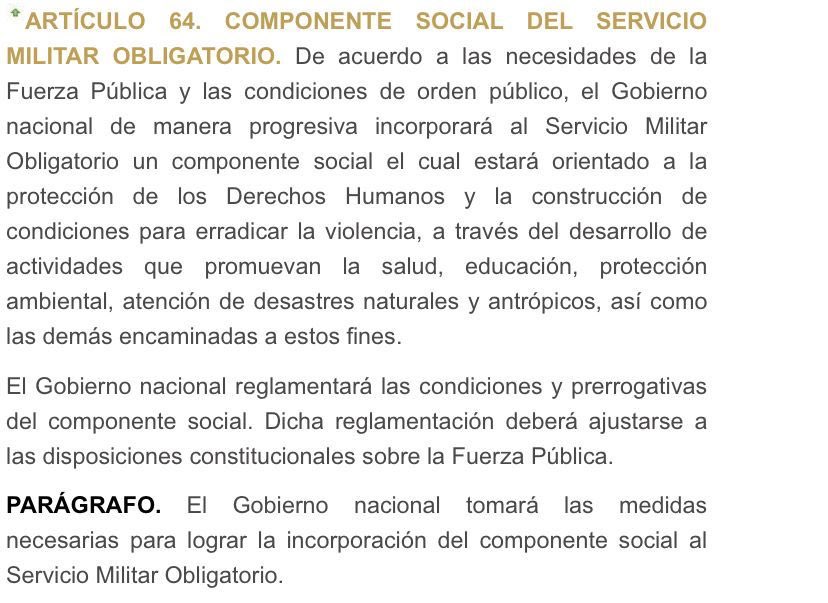 velascoluisf's tweet photo. Opción de cambiar servicio militar obligatorio por servicio social para la paz YA EXISTE en legislación, es ley 1861 de 2017 artículo 64 de mi autoría, estimados senadores, solo pídanle al @mindefensa que lo reglamente @GustavoBolivar @IvanCepedaCast @ArielAnaliza @wilsonariasc https://t.co/yaD9Xv2uSL