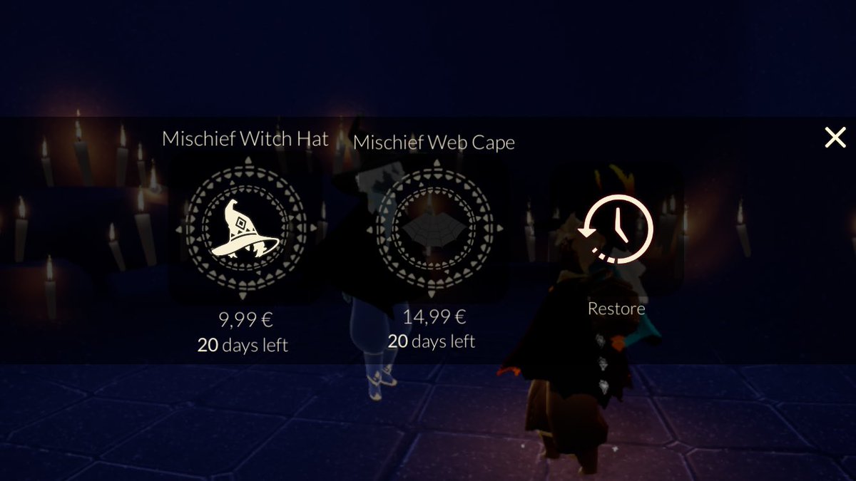 frogskyacc's tweet photo. @thatskygame the photo on the left is from last year, this year they put the prices up 😔 i wanted to buy bat cape but it 22 euros! and it’s expensive in my opinion for just a cape https://t.co/gRqBJdEcuV