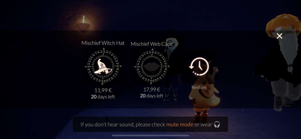 frogskyacc's tweet photo. @thatskygame the photo on the left is from last year, this year they put the prices up 😔 i wanted to buy bat cape but it 22 euros! and it’s expensive in my opinion for just a cape https://t.co/gRqBJdEcuV