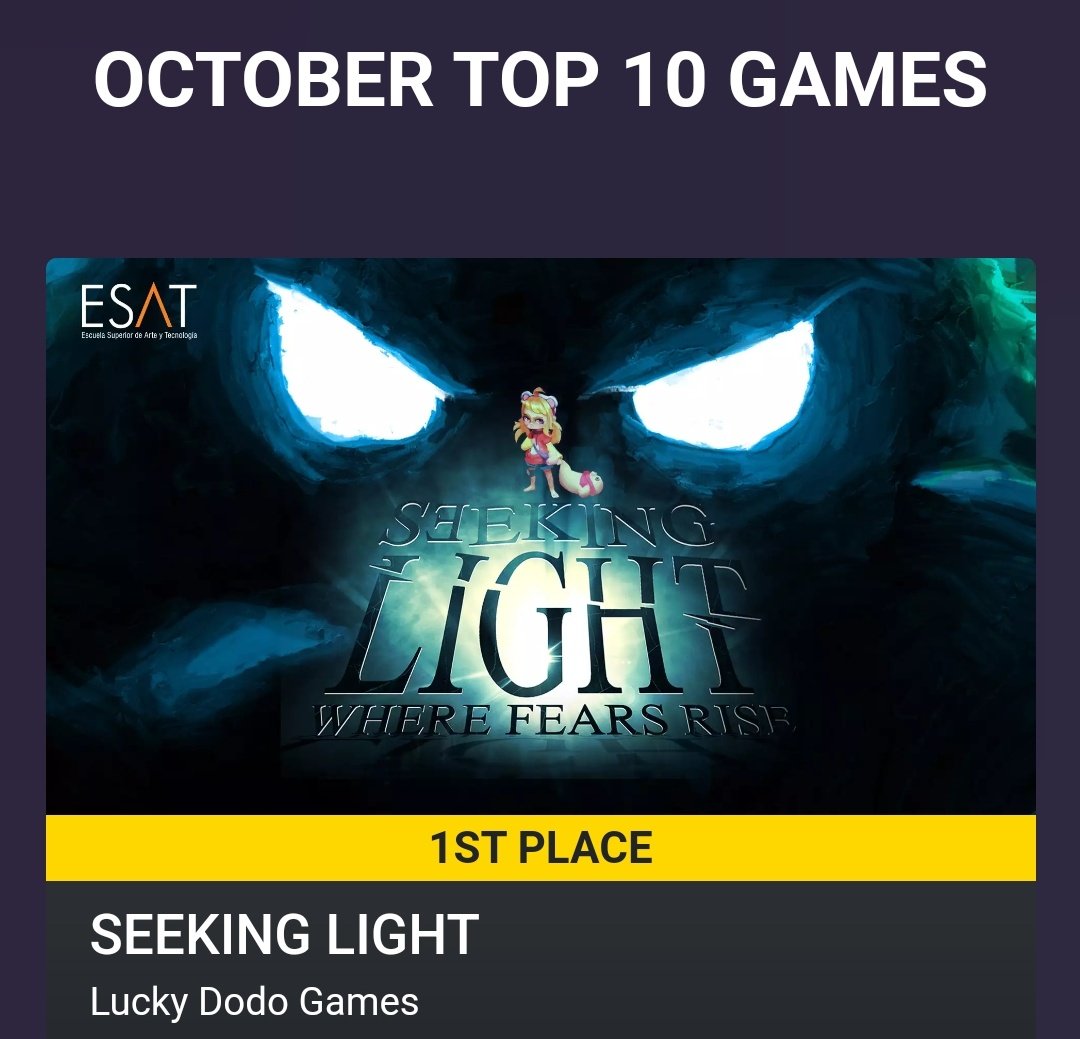 <a href="/_SeekingLight_/">Seeking Light ☀️</a> won the 1st place of the October GDWC contest!! I'm so proud of the team. Thanks to all who supported the game voting and sharing. 

The sun will guide you. 🔆