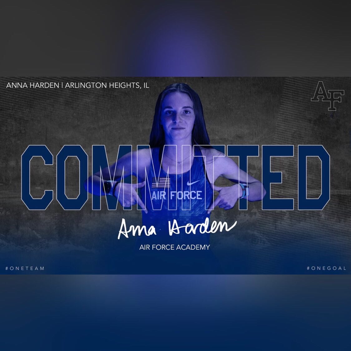 AnnaHarden04's tweet photo. I’m excited to announce my commitment to the United States Air Force Academy to serve my country and further my academic and athletic career. I would like to thank my family, friends, coaches, and teammates for their support throughout the years.

Romans 11:36 
⚡️#letsfly https://t.co/FAmISID72z